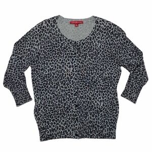 DEBBIE Morgan Gray Black Leopard Print V-Neck 3/4 Sleeve Pullover Sweater
